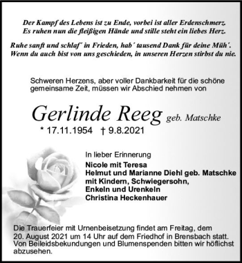 Traueranzeige von Gerlinde Reeg von vrm-trauer