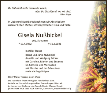 Traueranzeige von Gisela Nußbickel von vrm-trauer
