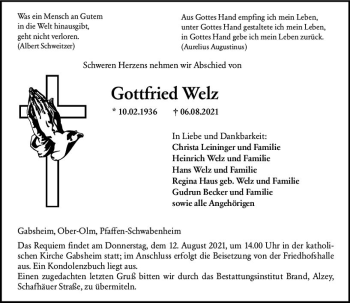 Traueranzeige von Gottfried Welz von vrm-trauer