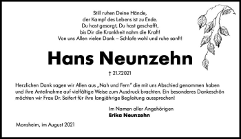 Traueranzeige von Hans Neunzehn von vrm-trauer