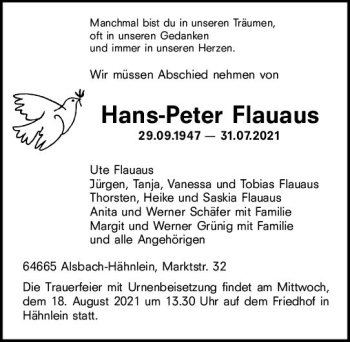 Traueranzeige von Hans-Peter Flauaus von vrm-trauer