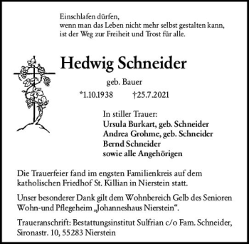 Traueranzeige von Hedwig Schneider von vrm-trauer