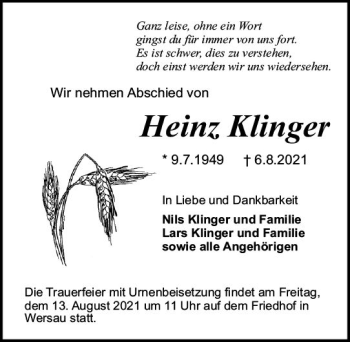 Traueranzeige von Heinz Klinger von vrm-trauer