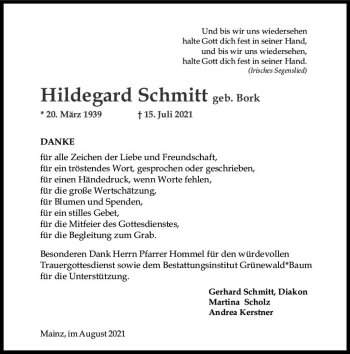 Traueranzeige von Hildegard Schmitt von vrm-trauer