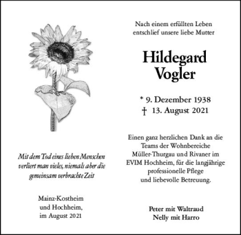 Traueranzeige von Hildegard Vogler von vrm-trauer