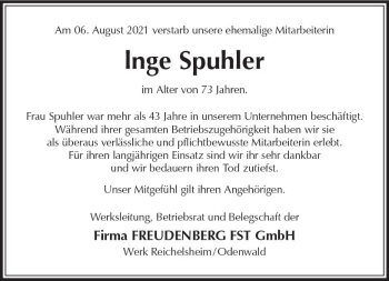 Traueranzeige von Inge Spuhler von vrm-trauer