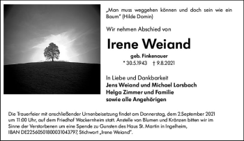 Traueranzeige von Irene Weiand von vrm-trauer