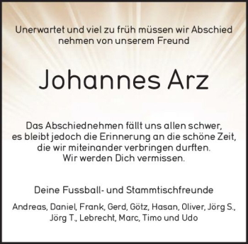 Traueranzeige von Johannes Arz von vrm-trauer