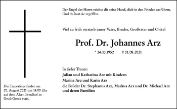 Traueranzeige von Johannes Arz von vrm-trauer