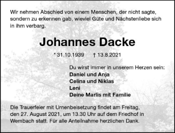 Traueranzeige von Johannes Dacke von vrm-trauer
