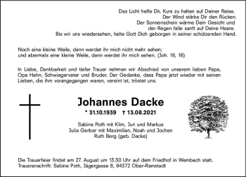 Traueranzeige von Johannes Dacke von vrm-trauer