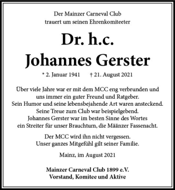 Traueranzeige von Johannes Gerster von vrm-trauer