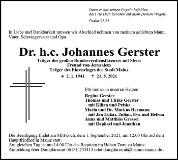 Traueranzeige von Johannes Gerster von vrm-trauer