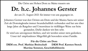Traueranzeige von Johannes Gerster von vrm-trauer