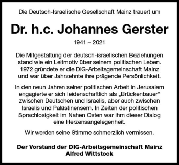 Traueranzeige von Johannes Gerster von vrm-trauer