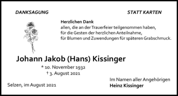 Traueranzeige von Johann Jakob Kissinger von vrm-trauer