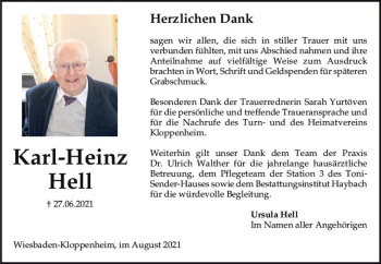 Traueranzeige von Karl-Heinz Hell von vrm-trauer