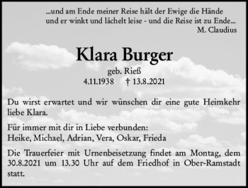 Traueranzeige von Klara Burger von vrm-trauer