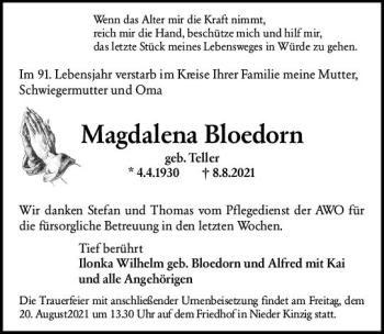 Traueranzeige von Magdalena Bloedorn von vrm-trauer
