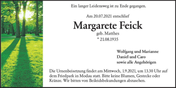 Traueranzeige von Margarete Feick von vrm-trauer