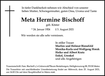 Traueranzeige von Meta Hermine Bischoff von vrm-trauer