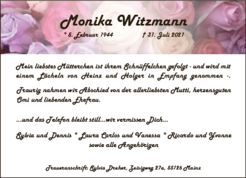Traueranzeige von Monika Witzmann von vrm-trauer
