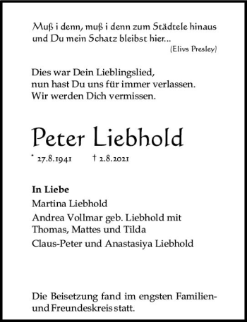Traueranzeige von Peter Liebhold von vrm-trauer