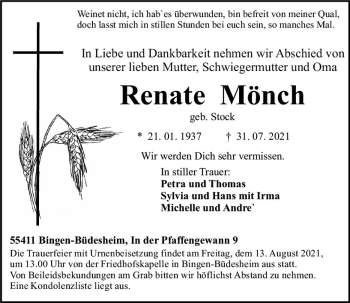 Traueranzeige von Renate Mönch von vrm-trauer