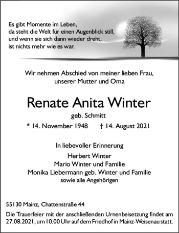 Traueranzeige von Renate Anita Winter von vrm-trauer