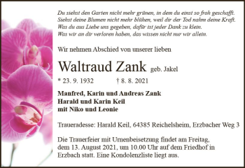 Traueranzeige von Waltraud Zank von vrm-trauer