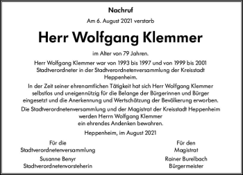 Traueranzeige von Wolfgang Klemmer von vrm-trauer