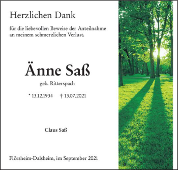 Traueranzeige von Änne Saß von vrm-trauer