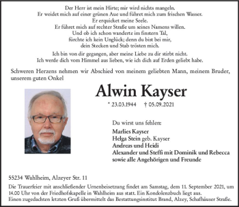 Traueranzeige von Alwin Kayser von vrm-trauer