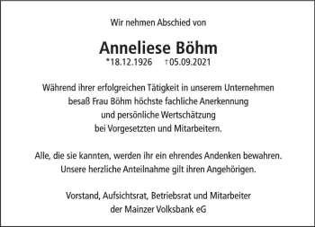 Traueranzeige von Anneliese Böhm von vrm-trauer