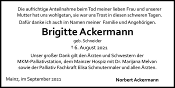 Traueranzeige von Brigitte Ackermann von vrm-trauer