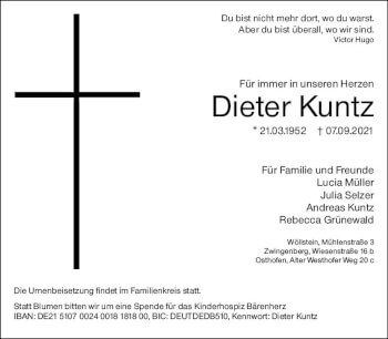 Traueranzeige von Dieter Kuntz von vrm-trauer