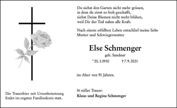 Traueranzeige von Else Schmenger von vrm-trauer