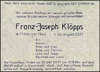 Traueranzeige von Franz-Josef Klöpps von vrm-trauer