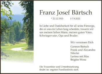 Traueranzeige von Franz Josef Bärtsch von vrm-trauer