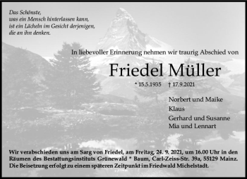 Traueranzeige von Friedel Müller von vrm-trauer