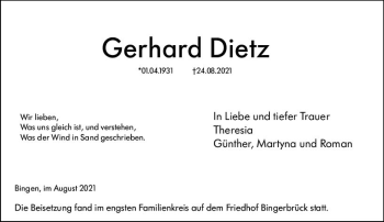 Traueranzeige von Gerhard Dietz von vrm-trauer