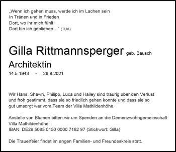 Traueranzeige von Gilla Rittmannsperger von vrm-trauer