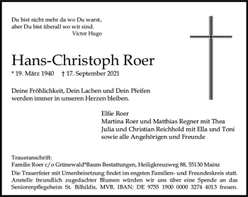 Traueranzeige von Hans-Christoph Roer von vrm-trauer