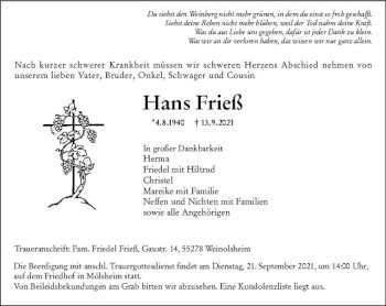 Traueranzeige von Hans Frieß von vrm-trauer