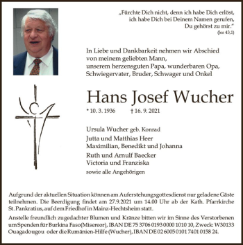 Traueranzeige von Hans Josef Wucher von vrm-trauer