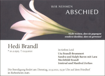 Traueranzeige von Hedi Brandl von vrm-trauer