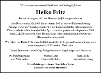 Traueranzeige von Heiko Fritz von vrm-trauer