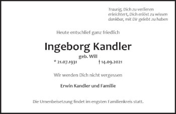 Traueranzeige von Ingeborg Kandler von vrm-trauer