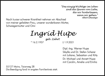 Traueranzeige von Ingrid Hupe von vrm-trauer