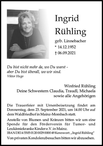 Traueranzeige von Ingrid Rühling von vrm-trauer